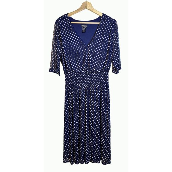 Kate & Lily Blue White Polka Dot V-Neck Midi Dress Elbow-Length Sleeves Size 16 - Picture 2 of 15
